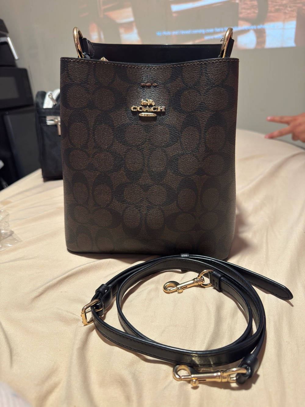 Coach Brown/Black Signature Canvas Crossbody Bucket Bag